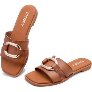 Women's Brown Square Open Toe Slides PU Strap Metal Chain Slippers Flat Sandals